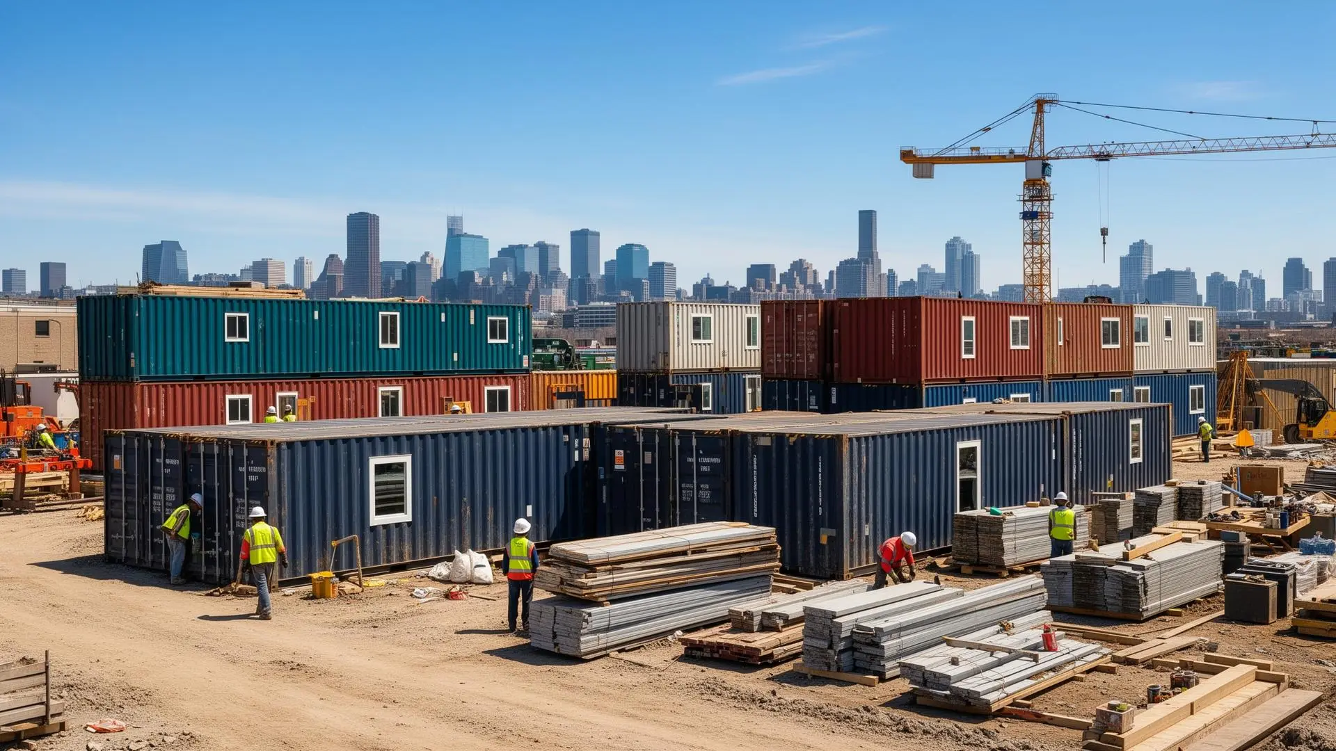 Multiple shipping containers on a major commercial construction site